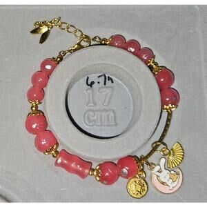 Pink Memory Wire Bracelet w Bunny on Moon Charm with Dangles #968